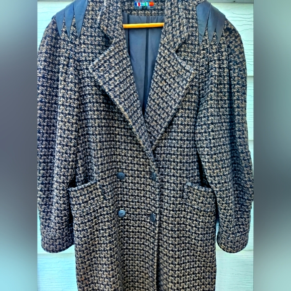 Vintage Coat 1980's Full Length Wool Leather Retro Warm Heavy Cozy Cute Comfy L - Picture 2 of 12